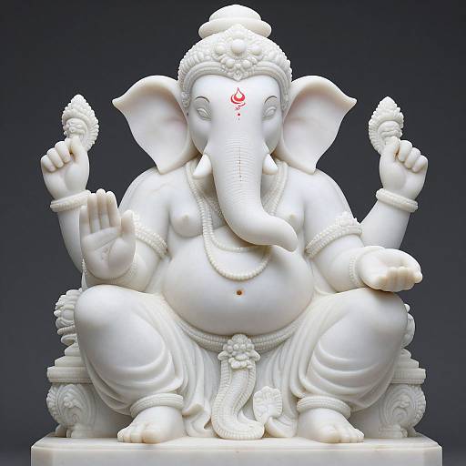 Photograph of a white marble statue of Ganesha, seated with four arms, holding offerings, adorned with jewelry, against a dark background.