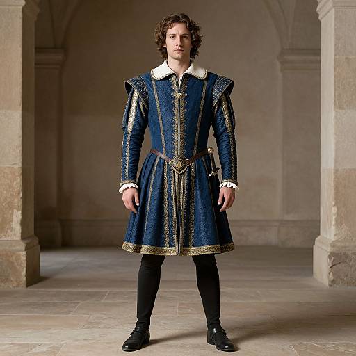 Photograph of a young man with curly brown hair, wearing a detailed, navy blue Renaissance-style tunic with gold embroidery, white collar, black pants