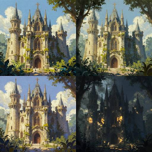 Digital painting of a gothic castle in four quadrants: bright daylight with lush greenery, shaded forest, illuminated by sunlight, and darkened with