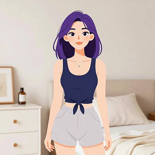 Digital anime-style drawing of a smiling woman with purple hair, wearing a black tank top and white shorts, standing in a bright, minimalist bedroom.