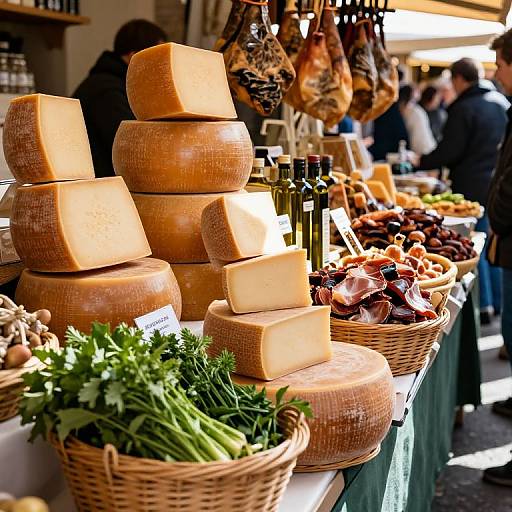 Photograph of a market stall displaying stacked rounds of cheese, wicker baskets with greens, dried fruits, and bottles, with blurred shoppers in the background