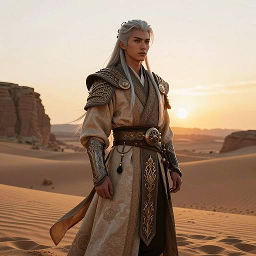 Fantasy Warrior in Desert at Sunset