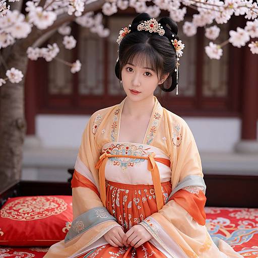 Photograph of an East Asian woman in an orange and beige traditional kimono with floral embroidery, seated under cherry blossoms, wearing a hairpiece with