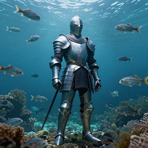 Photograph of a silver armored knight standing underwater among colorful fish and coral, sunlight filtering from above, creating a surreal scene.