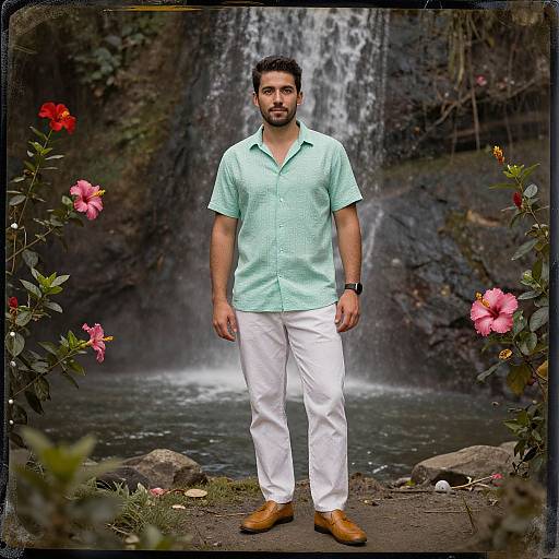 Photograph of a bearded man with medium skin tone, wearing a light green shirt, white pants, and brown shoes, standing in front of a