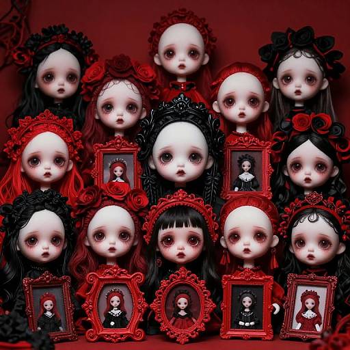 Photograph of twelve creepy porcelain dolls with pale skin, large red eyes, black and red gothic outfits, and framed portraits, arranged in a grid