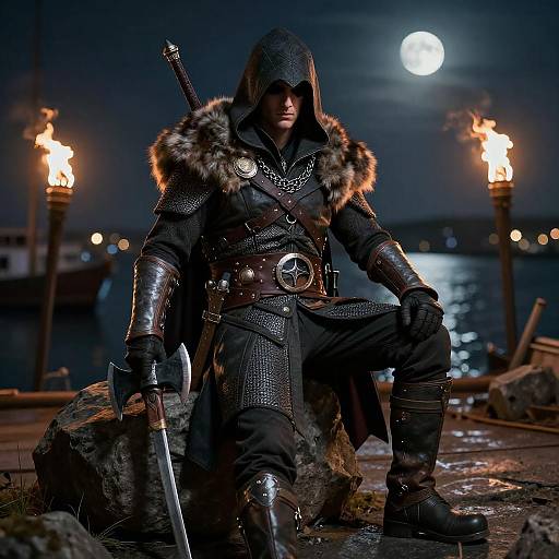 Moonlit Harbor Assassin with Fur Cloak