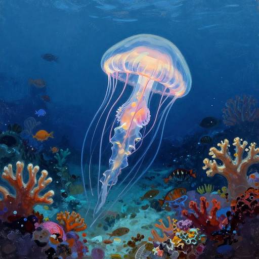 Vibrant digital artwork of a glowing jellyfish with translucent tentacles floating above a colorful coral reef, surrounded by various fish and underwater plants in a