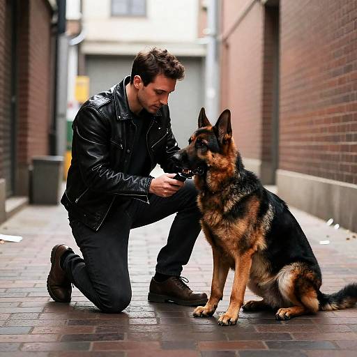 Man and Dog in Urban Alleyway Interaction