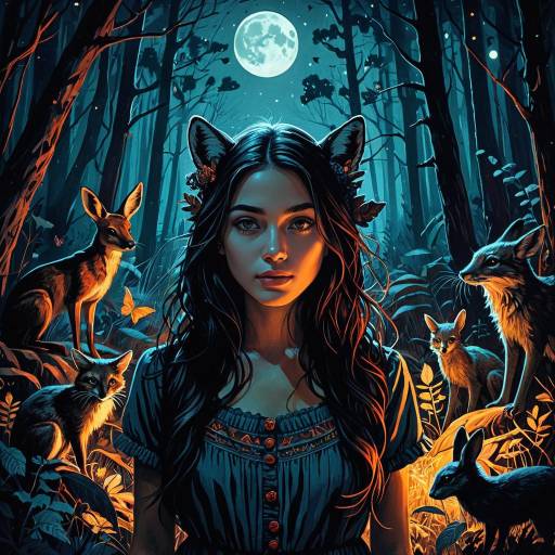 Moonlit Girl with Woodland Creatures