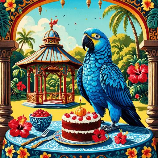 Whimsical Blue Parrot with Hibiscus Cake in Tropical Orchard
