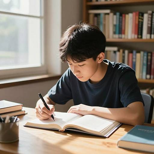 Focused Student Studying in Cozy Library