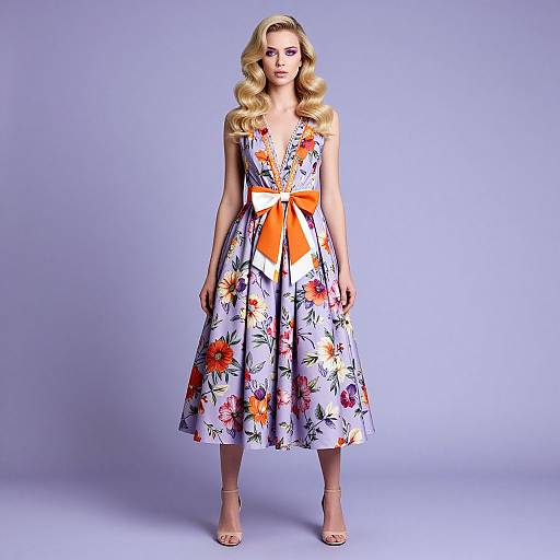 Photograph of a blonde woman with wavy hair, wearing a sleeveless, floral-printed, knee-length dress with an orange bow, against a