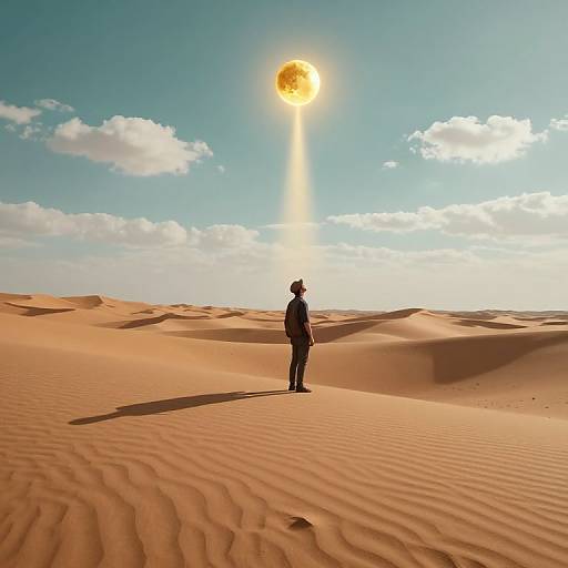 Photograph of a lone figure in silhouette standing in a vast, sunlit desert with rippled sand dunes, gazing at an unusually bright,