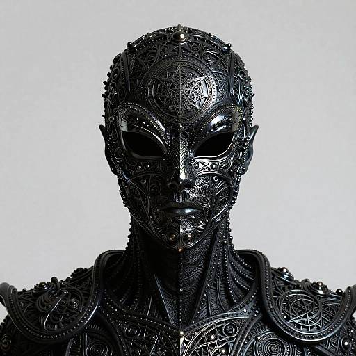 Photograph of a highly detailed, black, ornate, mask-like sculpture with intricate patterns, empty eyes, and textured armor-like shoulders against a white