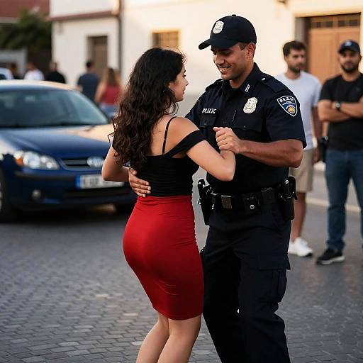 Joyful Street Dance Between Officer and Woman