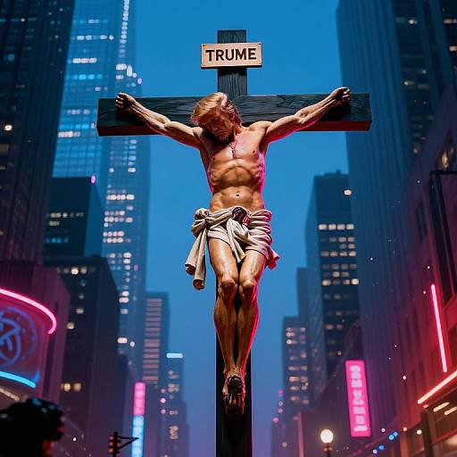 Digital artwork of a muscular, shirtless Jesus crucified on a cross labeled 