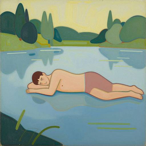 Painting of a fair-skinned, brown-haired man in pink shorts, lying face down on a calm, reflective lake with greenery in the background