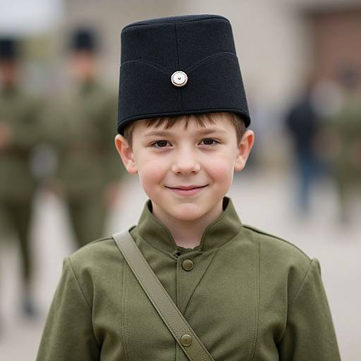 Photograph of a young Caucasian boy with light skin and brown hair, wearing a black military-style cap and olive green uniform, smiling slightly, blurred background