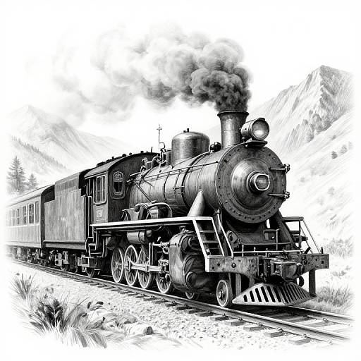 Black-and-white digital drawing of a vintage steam locomotive with smoke billowing, traveling down railway tracks through a grassy landscape.