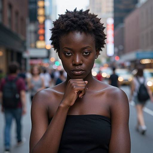 Photograph of a young Black woman with short, curly hair, wearing a strapless black top, standing in a bustling city street at night, with