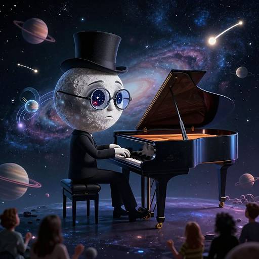 Digital artwork of a moon-faced, top-hatted pianist wearing glasses, playing a grand piano in a cosmic, starry background with planets and asteroids