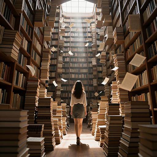 Photograph of a woman with long dark hair, back view, walking through a sunlit library aisle with books and papers flying.