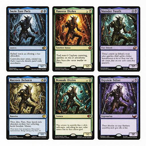 Six colorful Magic: The Gathering cards featuring fantasy creatures with intricate, vibrant artwork and detailed text, each with unique abilities.