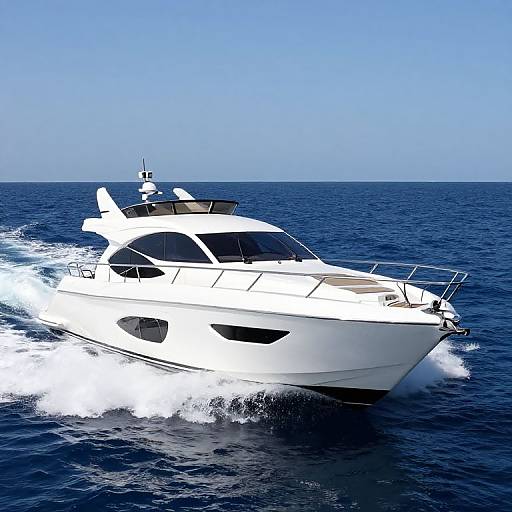 Photograph of a sleek, white yacht cutting through deep blue ocean waves under a clear blue sky, creating a frothy wake.