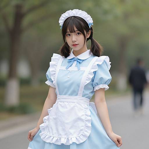 Photograph of an Asian woman in a light blue, frilled French maid outfit with white lace headband, standing on a blurred tree-lined street.