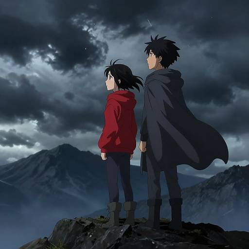 Adventurous Anime Couple on Stormy Peak