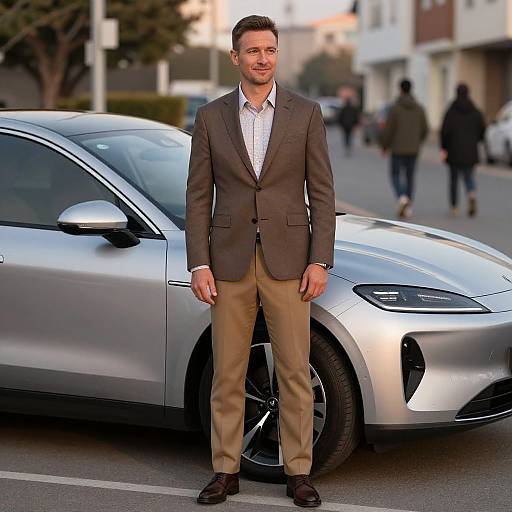 Photograph of a smiling, caucasian man in a brown blazer, beige pants, white shirt, standing in front of a silver sports car