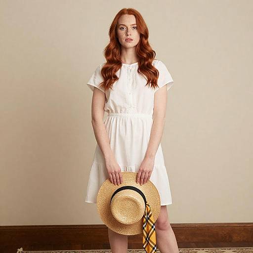 Redhead in White Dress Holding Hat