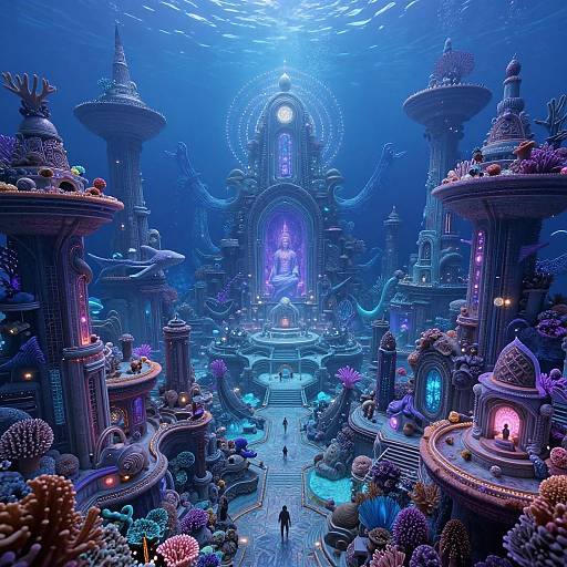 Digital artwork of an underwater, futuristic city with glowing blue and purple lights, ornate towers, and colorful coral, featuring small figures on steps in the