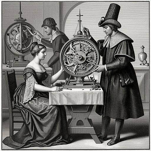 Victorian-era black-and-white engraving of a woman in a lace gown and two men in tall hats and dark robes, examining a large clock mechanism