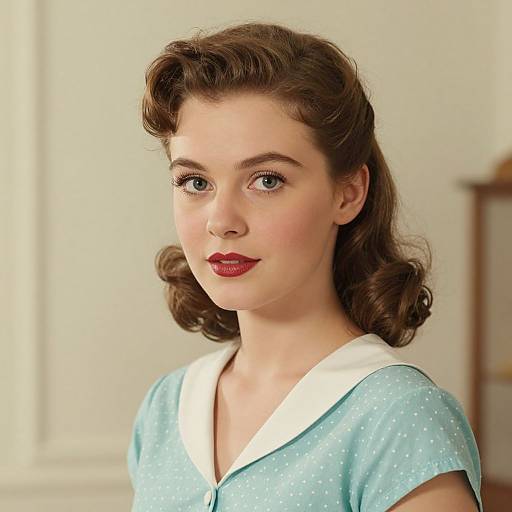Photograph of a fair-skinned woman with vintage 1950s-style brown curls, wearing a light blue polka dot blouse with a white collar