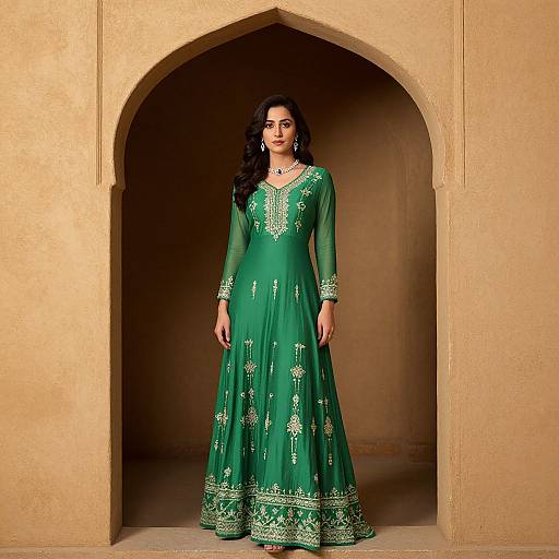 Photograph of a South Asian woman with long black hair, wearing a green, long-sleeved, embroidered traditional dress, standing in an arched