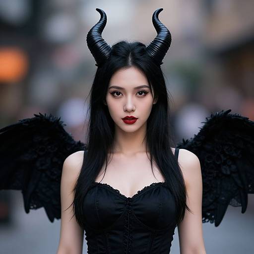 Photograph of an Asian woman with pale skin, black horns, long black hair, red lips, black feathered wings, and a black lace dress