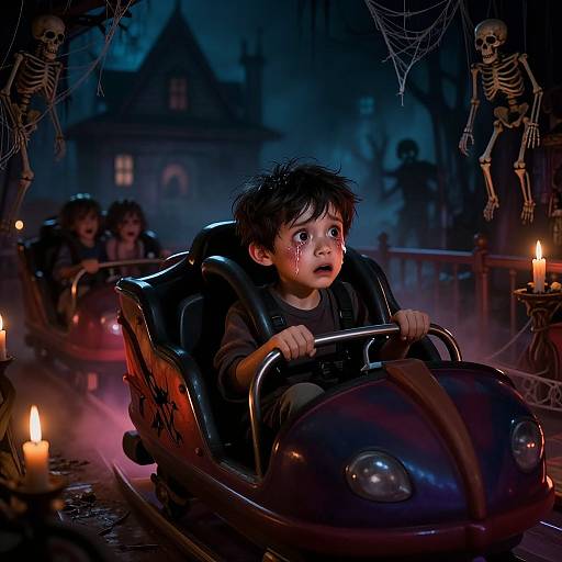 Digital illustration: Scared toddler in dark, spooky amusement park ride, surrounded by skeletons, lit candles, and eerie Halloween backdrop.