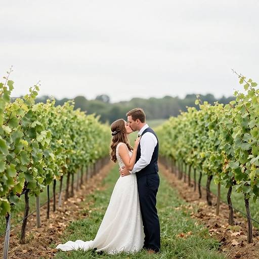 Photograph of a couple kissing in a vineyard; bride in white dress, groom in black vest and white shirt, surrounded by green vines.