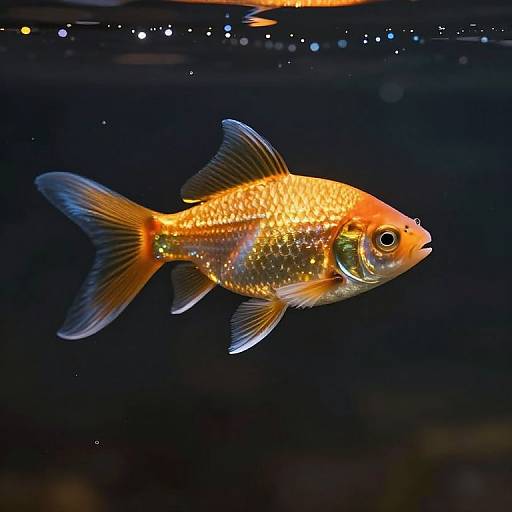 Photograph of a vibrant orange goldfish with white speckles, black fins, and a green eye, swimming in a dark, sparkling underwater background
