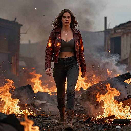 Woman Walking Through Burning City