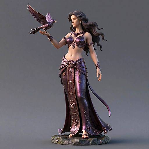Digital sculpture of a long-haired, purple-shimmering mermaid-like woman with a topknot, wearing a metallic bra and skirt, standing on