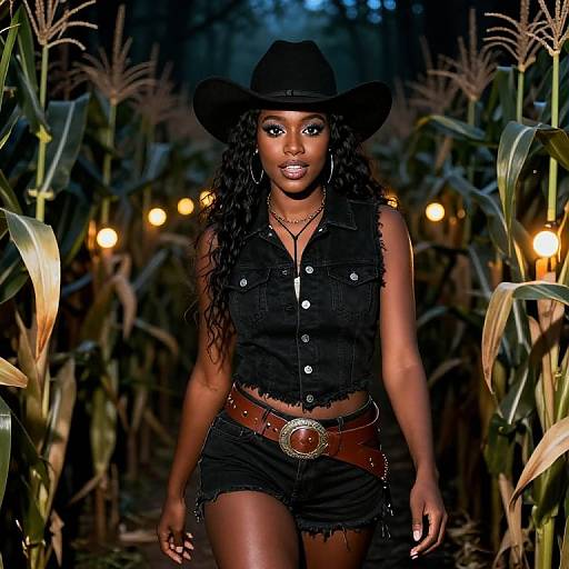 Photograph of a confident Black woman in a black cowboy hat, sleeveless denim vest, and frayed shorts, standing in a cornfield at night