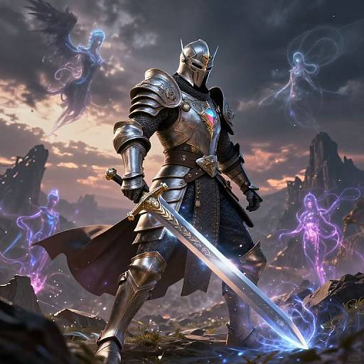 Digital art of a armored knight with a glowing sword, standing in a rocky, ethereal landscape with ghostly spirits and a dramatic, cloudy sky.