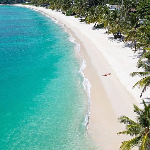 Aerial photograph of a turquoise ocean with white sandy beach, lined with lush green palm trees. Small red kayak on shore.