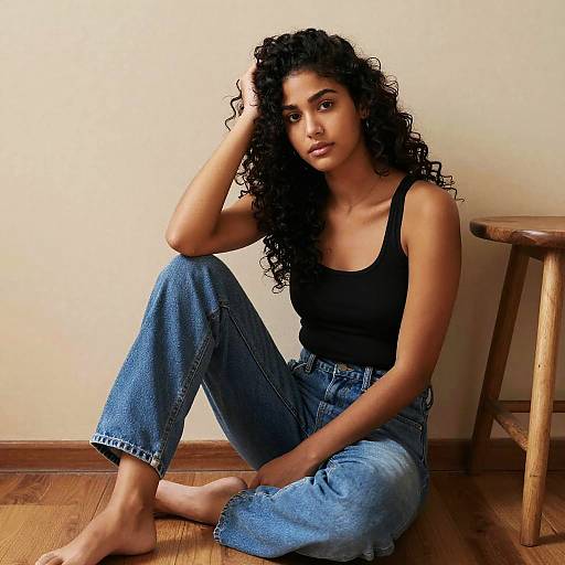 Photograph of a young woman with curly black hair, tan skin, wearing a black tank top and blue jeans, sitting on wooden floor against a white