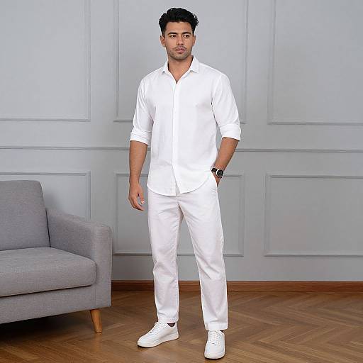 Photograph of a handsome man with short black hair, wearing a white button-up shirt, white pants, and white sneakers, standing in a modern,