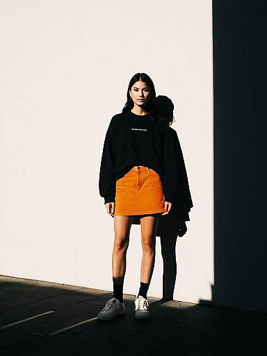 Woman in casual streetwear standing against white wall
