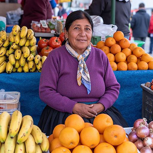 Photograph of a middle-aged Hispanic woman with dark hair, wearing a purple sweater and patterned scarf, seated at a colorful fruit market stall with bananas